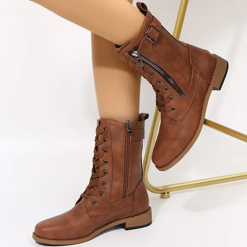 Bota de salto baixo feminina, top alto retrô, dedo do pé redondo, fivela de cinto, bota curta, sapatos femininos, moda, 2024
