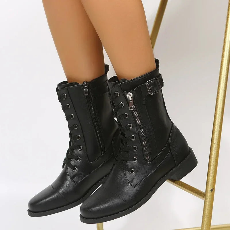 Bota de salto baixo feminina, top alto retrô, dedo do pé redondo, fivela de cinto, bota curta, sapatos femininos, moda, 2024