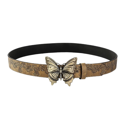 Cinto fashion elegante, com fivela de metal detalhada em forma de borboleta. Perfeito para adicionar um toque único e moderno ao seu visual.