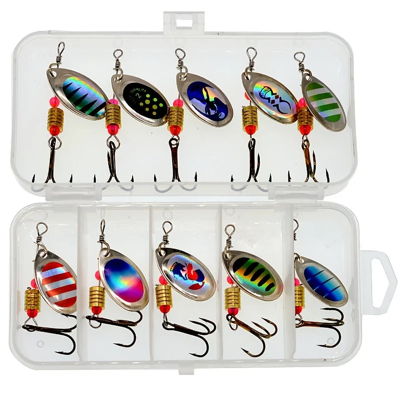 Kit com 10 Iscas Artificiais Spinner Metálicas, projetadas com brilho metálico e movimento giratório eficiente, perfeitas para atrair peixes predadores como tucunaré, traíra e outros.
