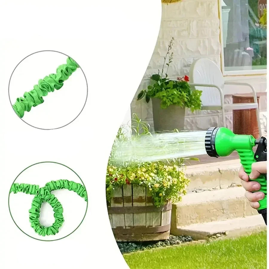 A Mangueira Mágica Expansível de Alta Pressão é perfeita para lavar carros e regar jardins. Com 7 funções de pulverização, é prática e fácil de armazenar!