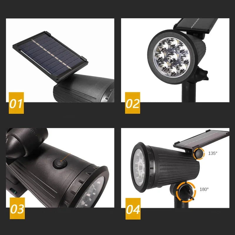 O Projetor Solar com 9 LED Brilho Ajustável IP65 ilumina seu espaço externo de forma prática e sustentável. Resistente à água, funciona com energia solar, oferecendo eficiência e estilo.