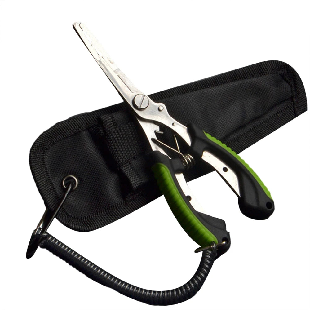 Alicate de pesca multifuncional em aço inoxidável, com várias ferramentas integradas para facilitar sua experiência de pesca.