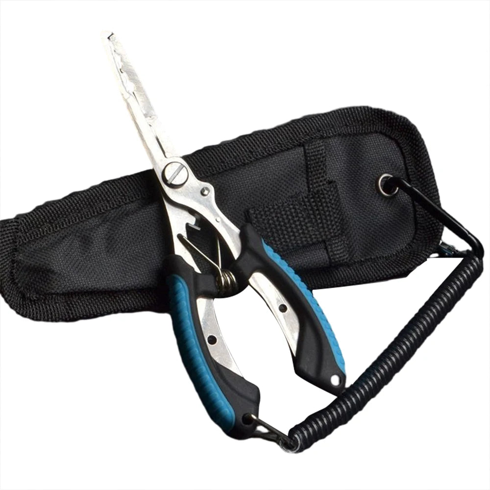 Alicate de pesca multifuncional em aço inoxidável, com várias ferramentas integradas para facilitar sua experiência de pesca.