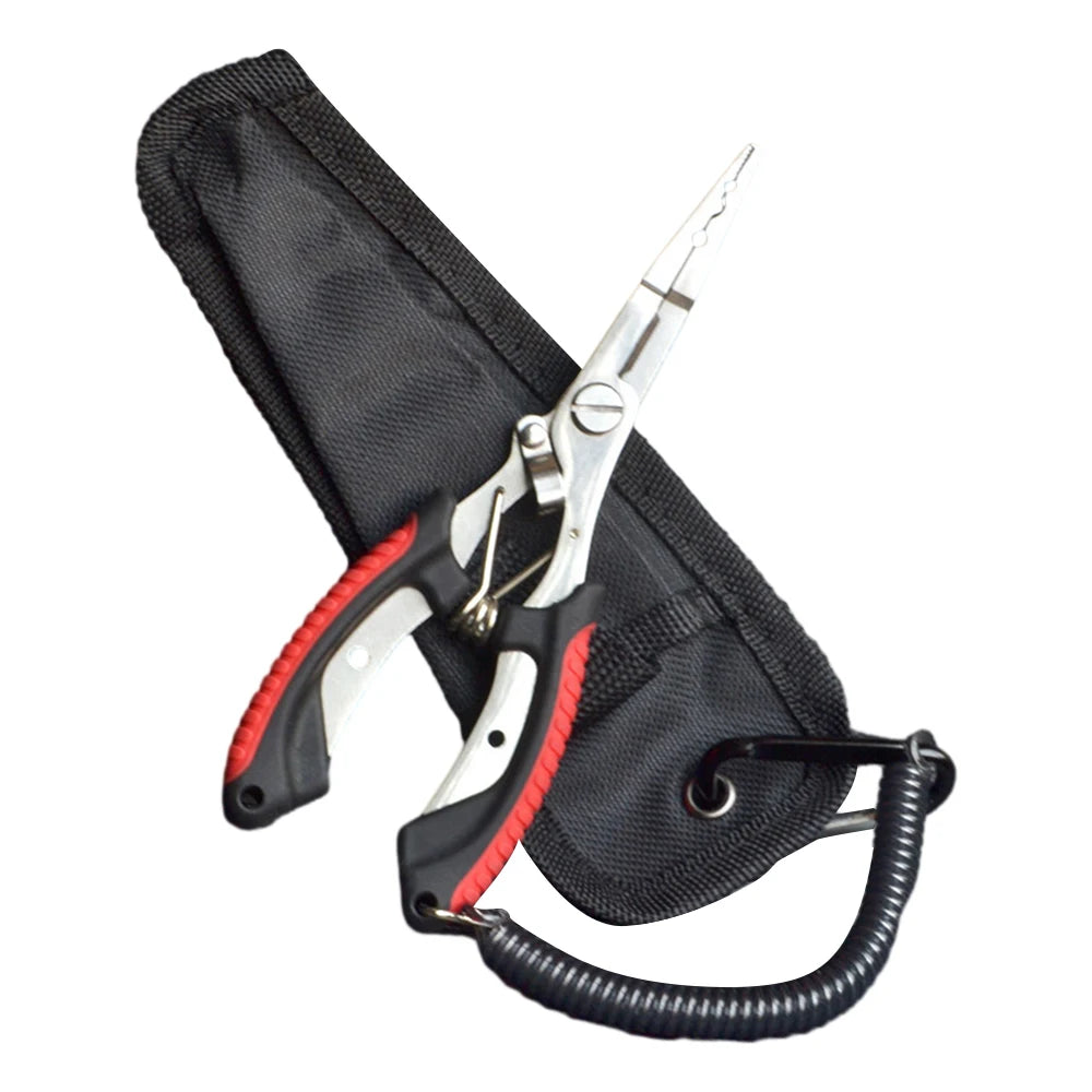 Alicate de pesca multifuncional em aço inoxidável, com várias ferramentas integradas para facilitar sua experiência de pesca.