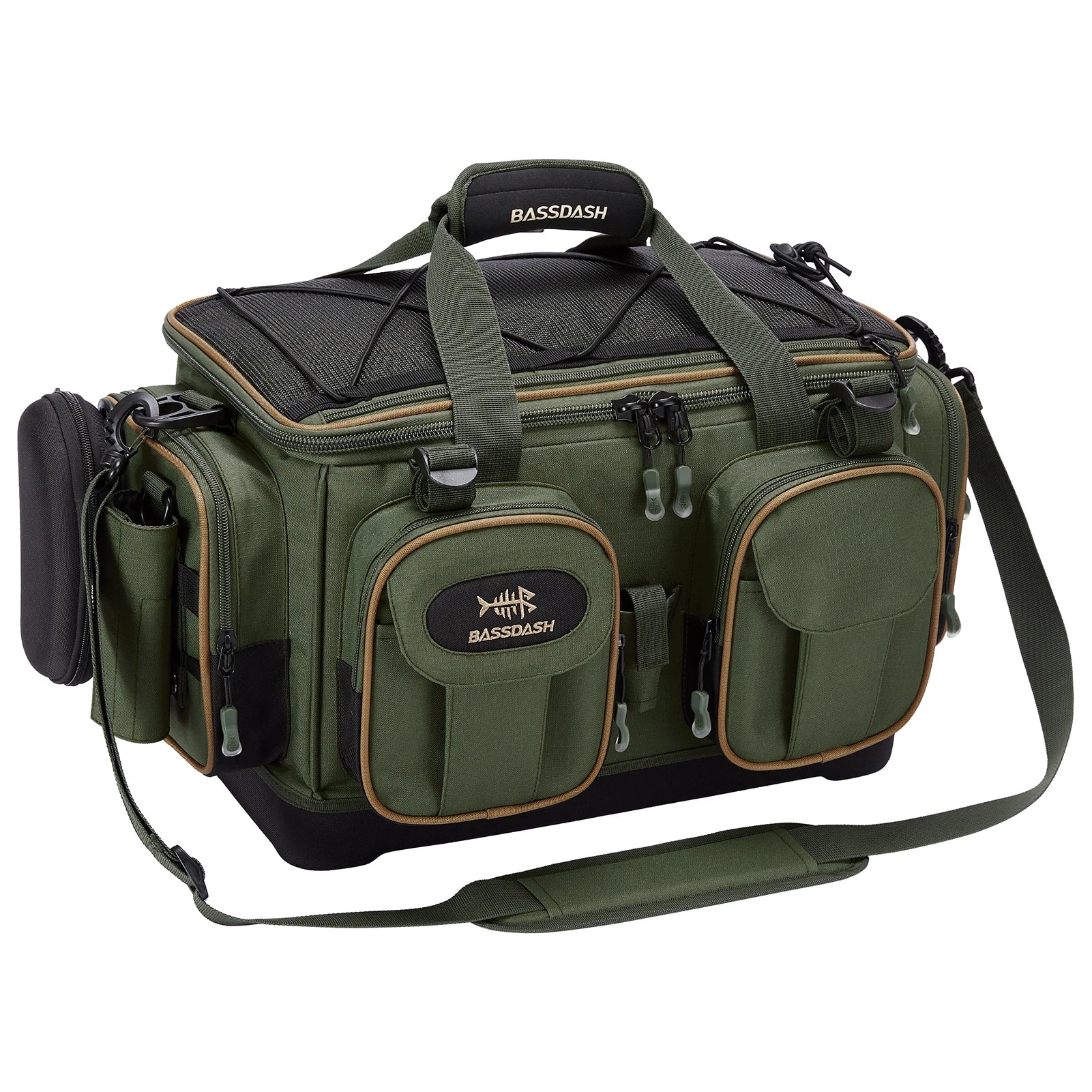 Bolsa de ombro de pesca BASSDASH, prática e espaçosa, ideal para transportar seus equipamentos com facilidade e conforto durante suas aventuras de pesca.