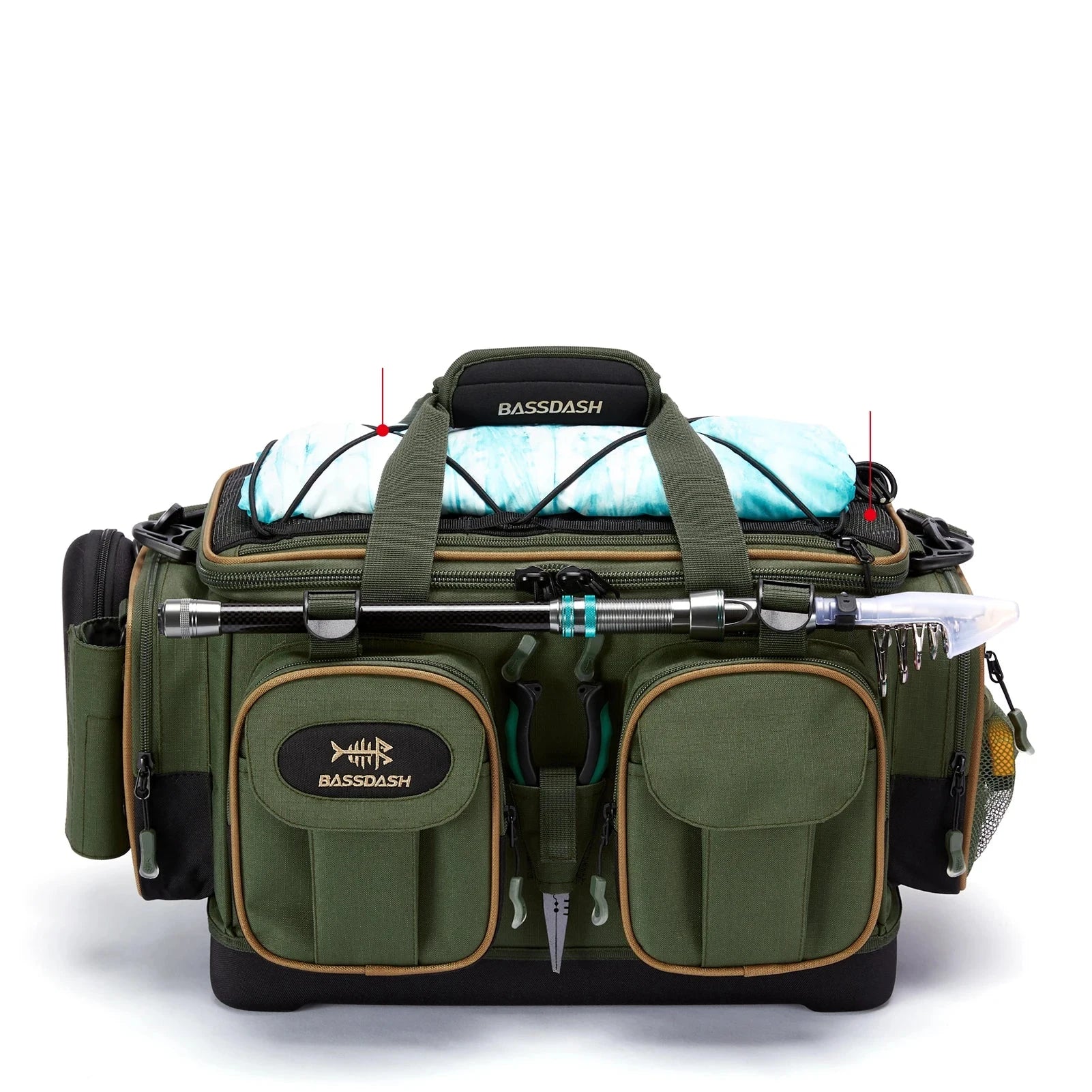 Bolsa de ombro de pesca BASSDASH, prática e espaçosa, ideal para transportar seus equipamentos com facilidade e conforto durante suas aventuras de pesca.