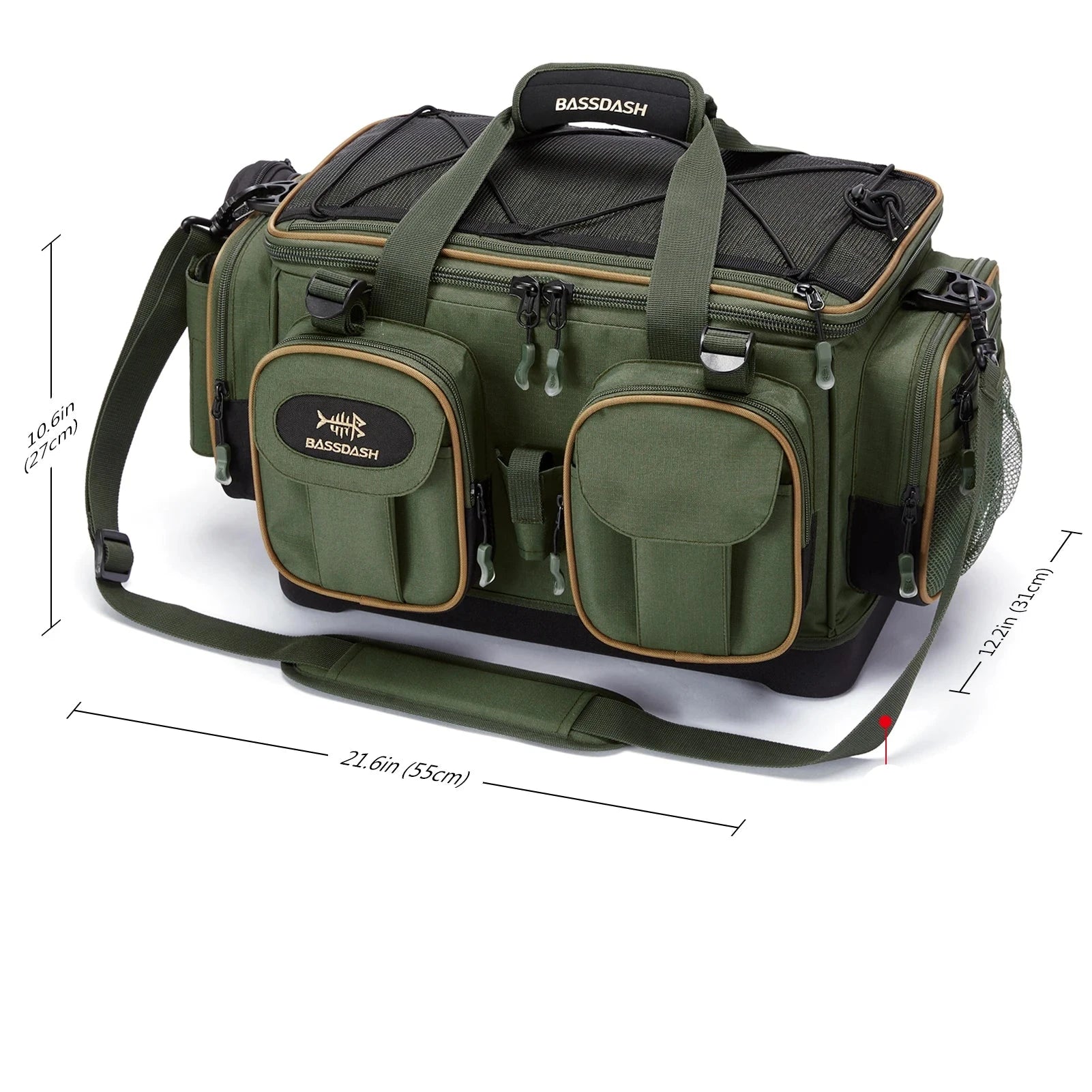 Bolsa de ombro de pesca BASSDASH, prática e espaçosa, ideal para transportar seus equipamentos com facilidade e conforto durante suas aventuras de pesca.