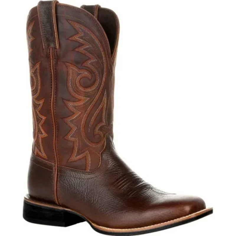 Botas masculinas de couro PU Mid Calf, Totem Mid-Calf Western Cowboy Motorcycle Boots, sapatos masculinos ao ar livre, sapatos projetados retro, outono