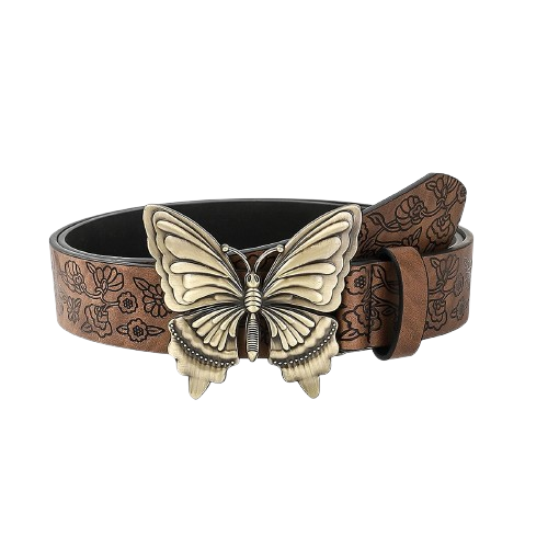 Cinto fashion elegante, com fivela de metal detalhada em forma de borboleta. Perfeito para adicionar um toque único e moderno ao seu visual.