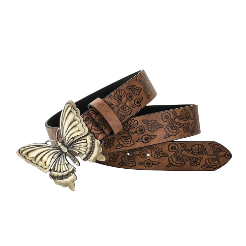 Cinto fashion elegante, com fivela de metal detalhada em forma de borboleta. Perfeito para adicionar um toque único e moderno ao seu visual.