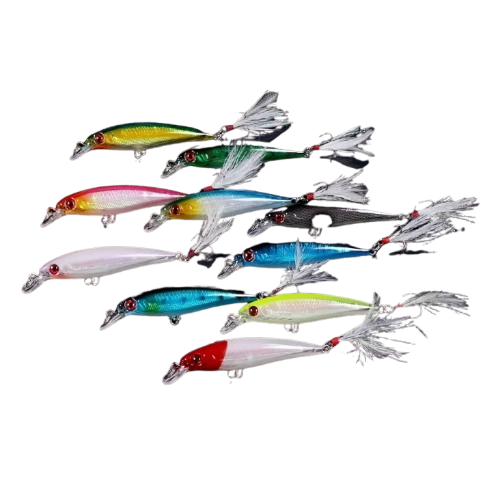 Conjunto com 10 iscas minnow Larser, ideais para pesca com design realista. Atraem diversos tipos de peixe com sua movimentação natural na água.