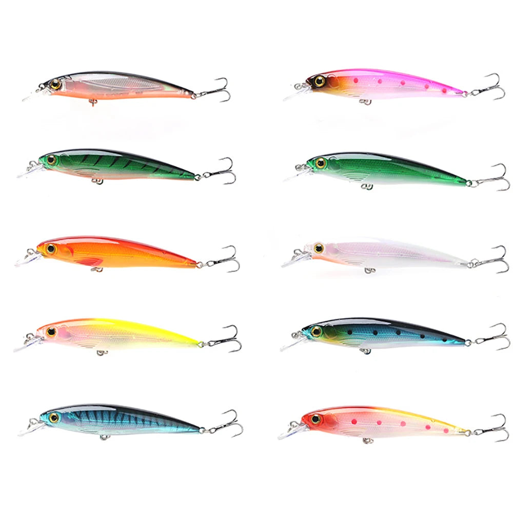 O Conjunto de Iscas Minnow 3D para Pesca contém 10 iscas flutuantes de 11 cm, com olhos 3D e ganchos triplos. Perfeitas para atrair tilápias e outros peixes.
