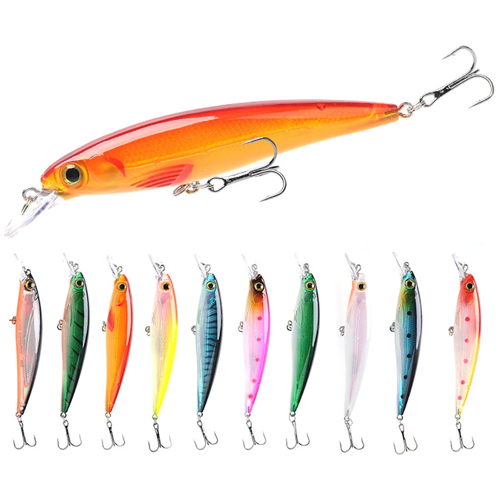 O Conjunto de Iscas Minnow 3D para Pesca contém 10 iscas flutuantes de 11 cm, com olhos 3D e ganchos triplos. Perfeitas para atrair tilápias e outros peixes.