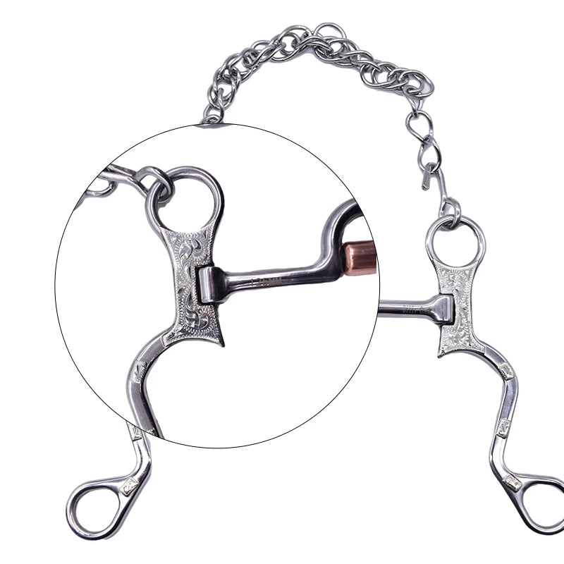 Freio de aço inoxidável para cavalo, modelo bit, projetado para oferecer controle e conforto ao animal. Resistente à corrosão, é ideal para uso diário e competições.