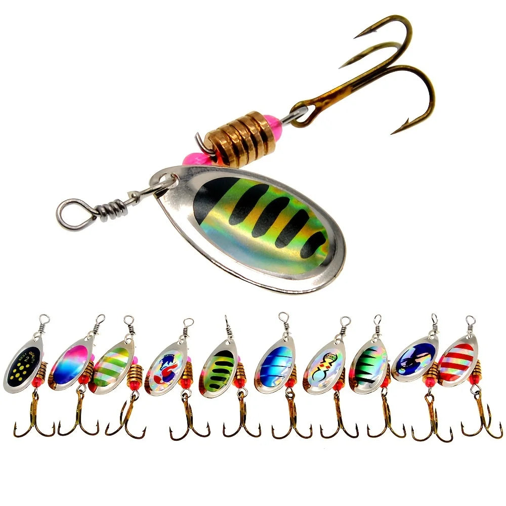 Kit com 10 Iscas Artificiais Spinner Metálicas, projetadas com brilho metálico e movimento giratório eficiente, perfeitas para atrair peixes predadores como tucunaré, traíra e outros.